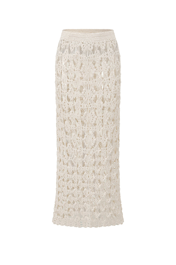 SWAYING 25 Fall/Winter Collection: Crochet-detail wrap-style silk-blend maxi dress SW-SW25AW3B01C1S2-BAI White